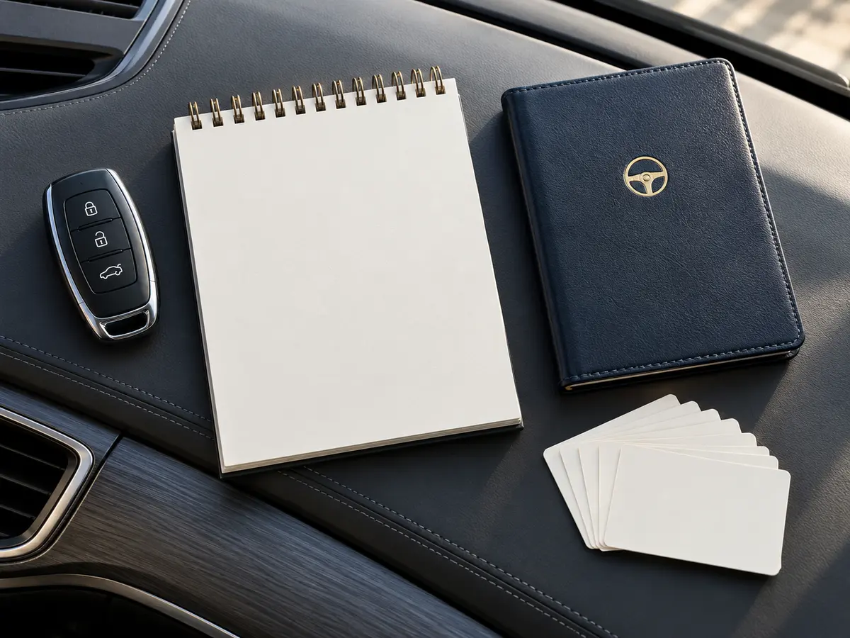 A car dashboard with keys, a booking calendar, and a navy branded notebook.
