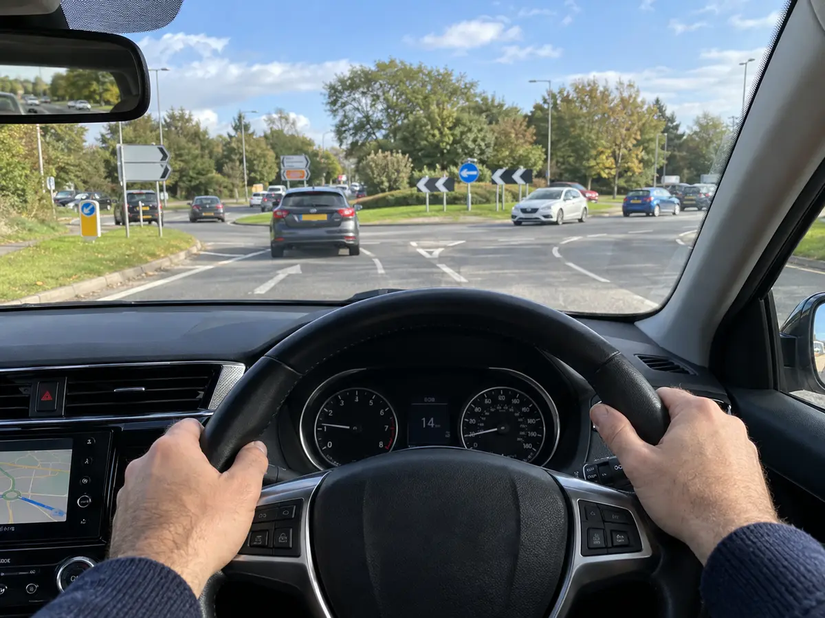 A driver's-eye view approaching a busy roundabout.