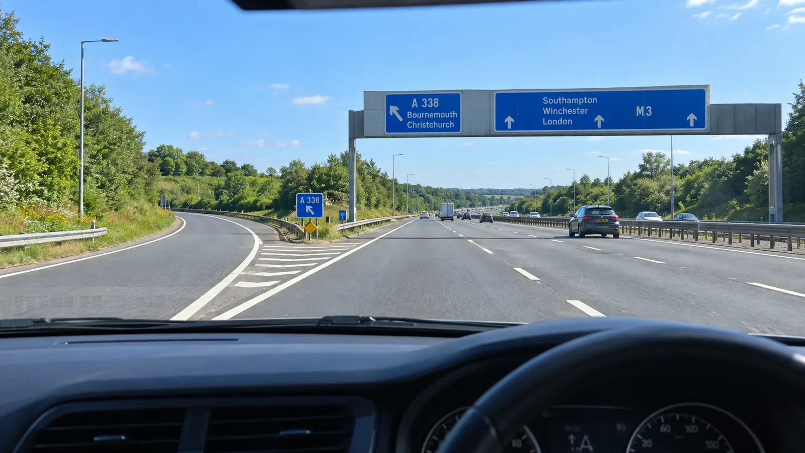 A driver's-eye view of a car approaching a motorway slip road.