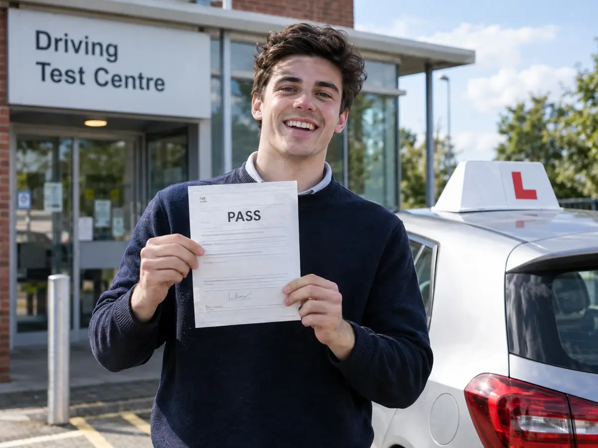A delighted student holding up his driving test pass certificate outside the test centre.
