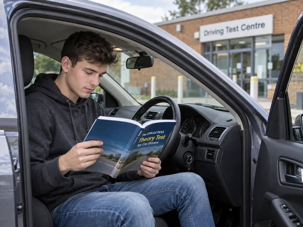 A student sitting in a car reading a driving theory book outside a test centre.