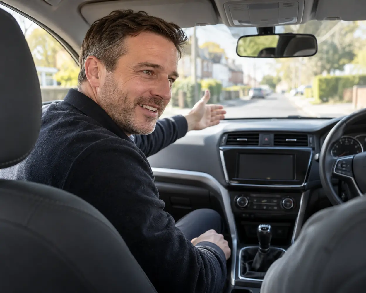 A friendly driving instructor smiling and waving from the driver's seat, ready to welcome a new student.